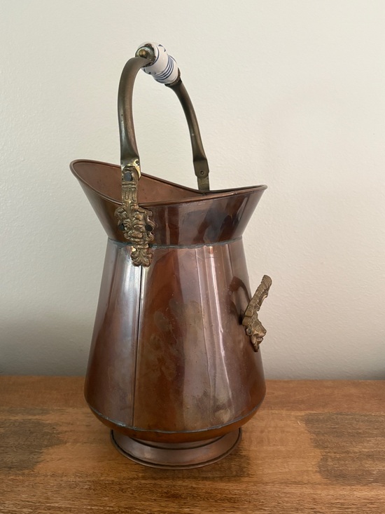 Other - Antique Lion Head Copper And Brass Coal Scuttle Bucket Delft Porcelain Handle